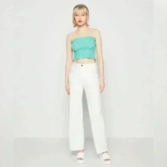 NWT Hollister Smocked Peplum Green Crop TopRemovable Strap Top, Large - Picture 2 of 7